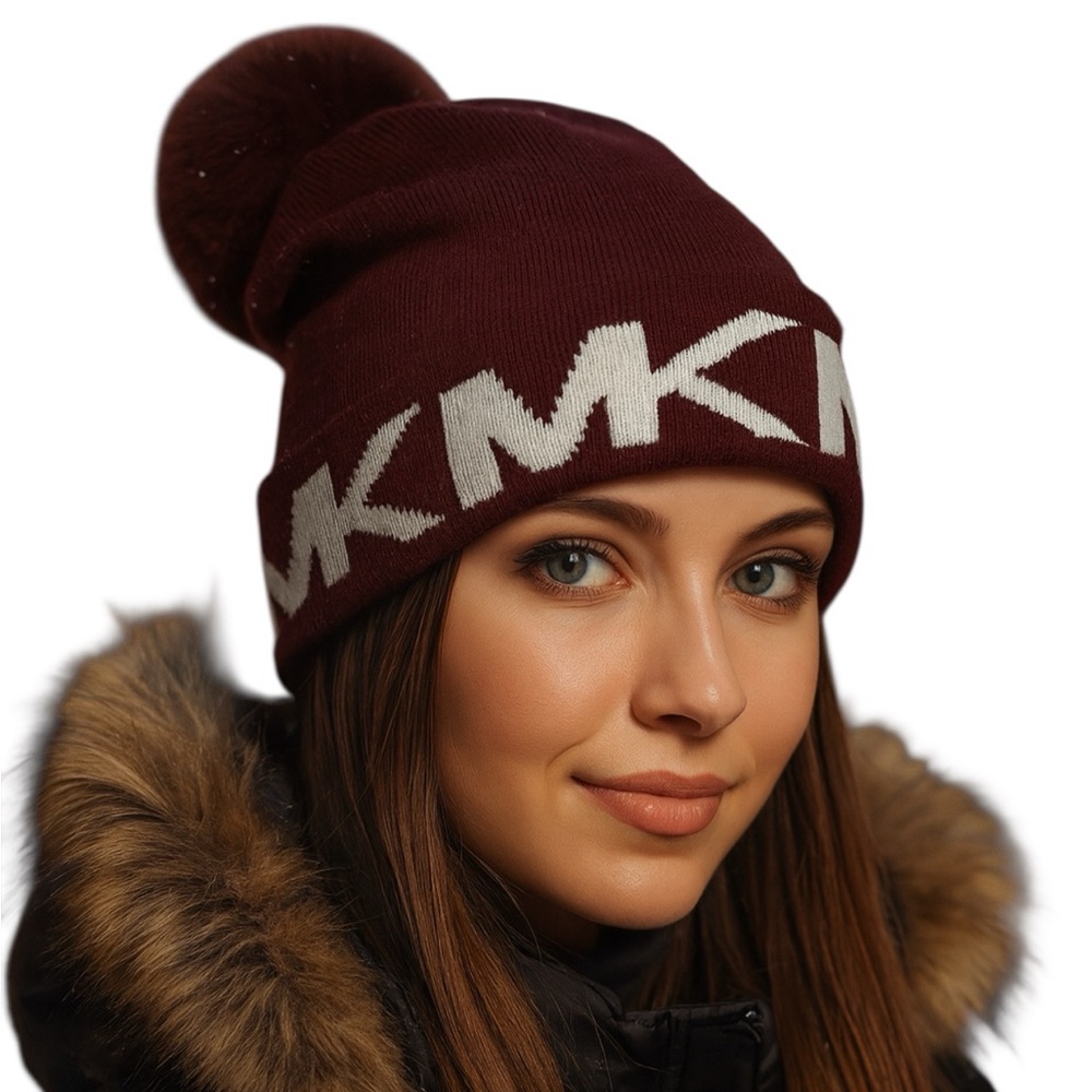 Michael Kors Stacked Logos Knit Hat Beanie W Pom Pom Maroon White New!
